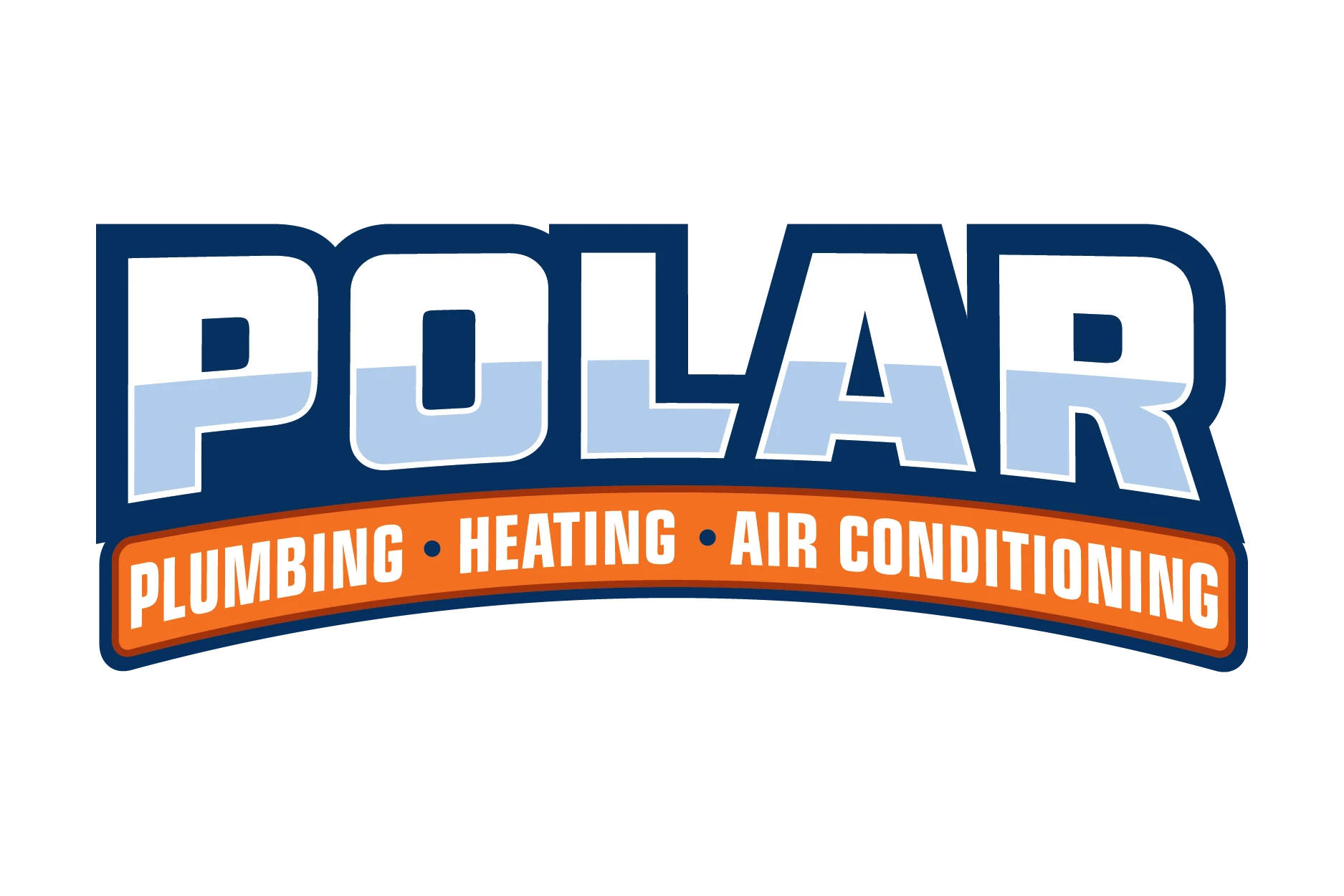Logo for POLAR, a company offering plumbing, heating, and air conditioning services. The name is in blue and white, with an orange banner listing the services.