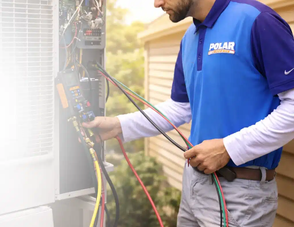 A technician in a blue "Polar" uniform checks an HVAC unit outdoors using gauges and colored cables.